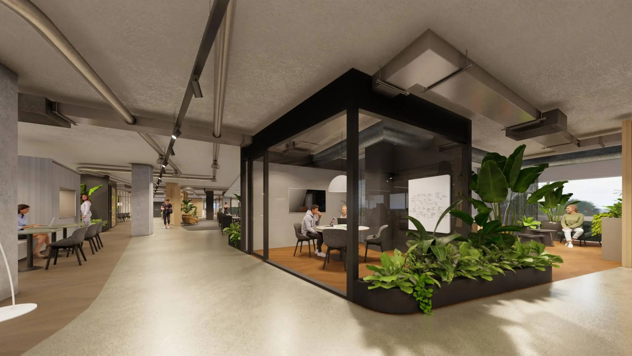 Moderne kantoorruimte aan de Marten Meesweg met glazen vergaderruimte, werkplekken en veel groen.